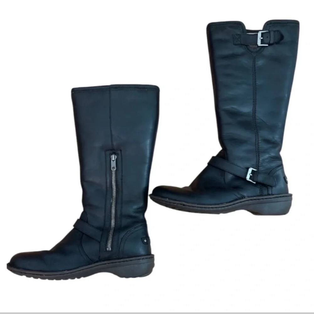 UGG Tupelo Black Leather Riding Boots Moto Buckle Women’s Size 7